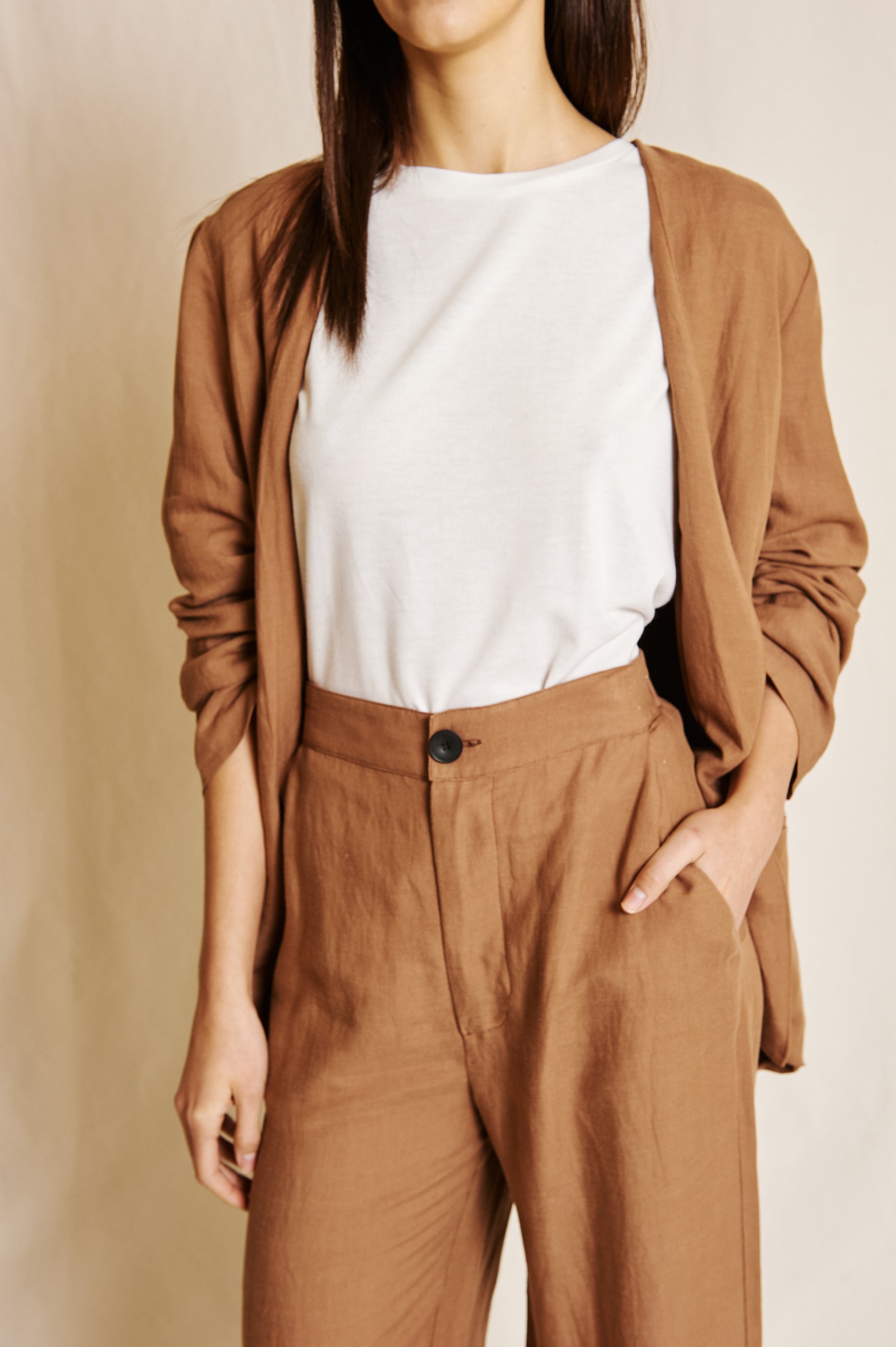 SARA LINEN TROUSERS, BROWN
